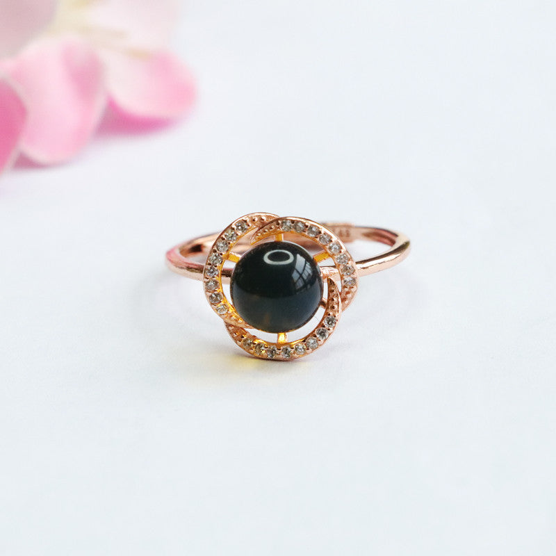 Blue Amber Sterling Silver Flower Ring with Zircon Petals