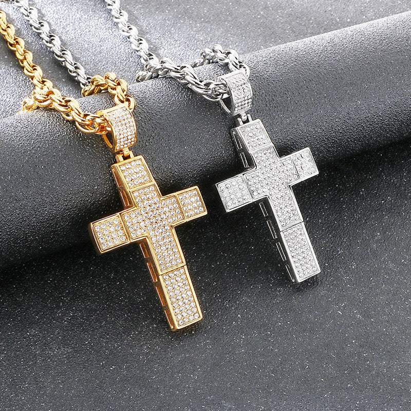 Twist Chain Hip Hop Inlaid With Zircon Double Cross Hollow Pendant Stainless Steel Necklace