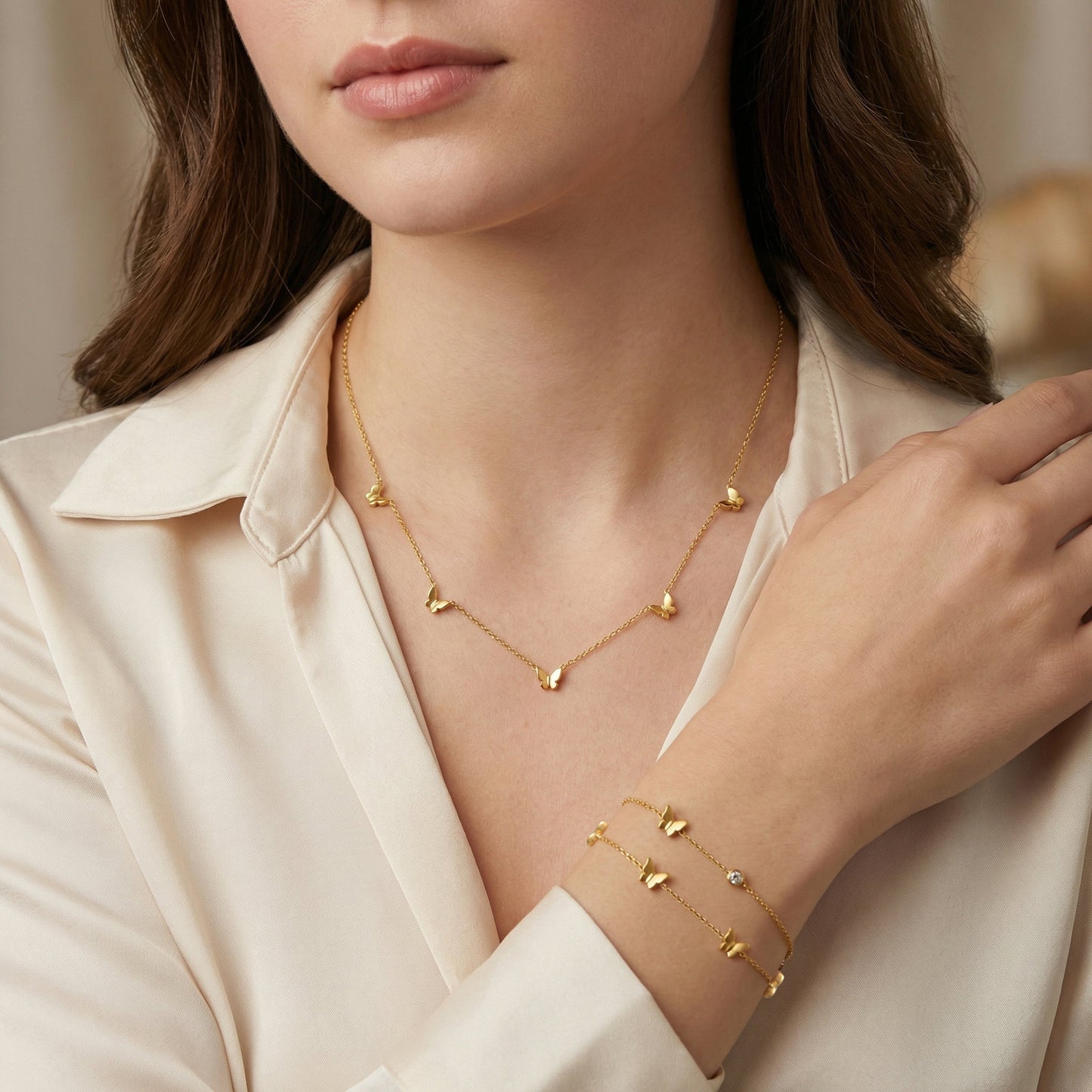 Stainless Steel Wind Delicate Sense Ladies Collarbone Chain Butterfly Necklace Gold