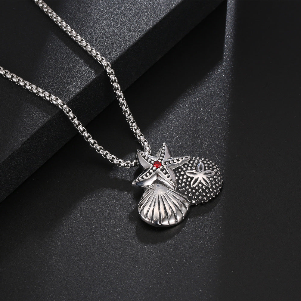 Planderful Retro Starfish and Shell Pendant Necklace in Titanium Steel for Men and Women