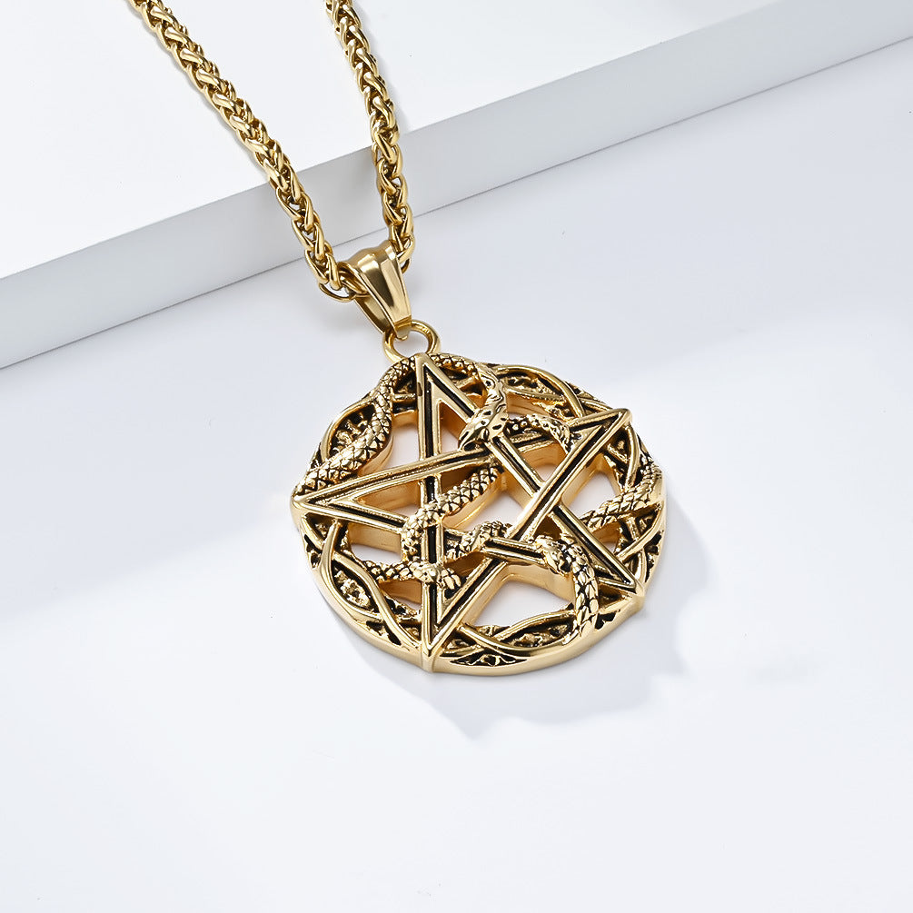 Planderful Pentagram Necklace Titanium Steel With Python Wrapped For Gothic Punk Lovers