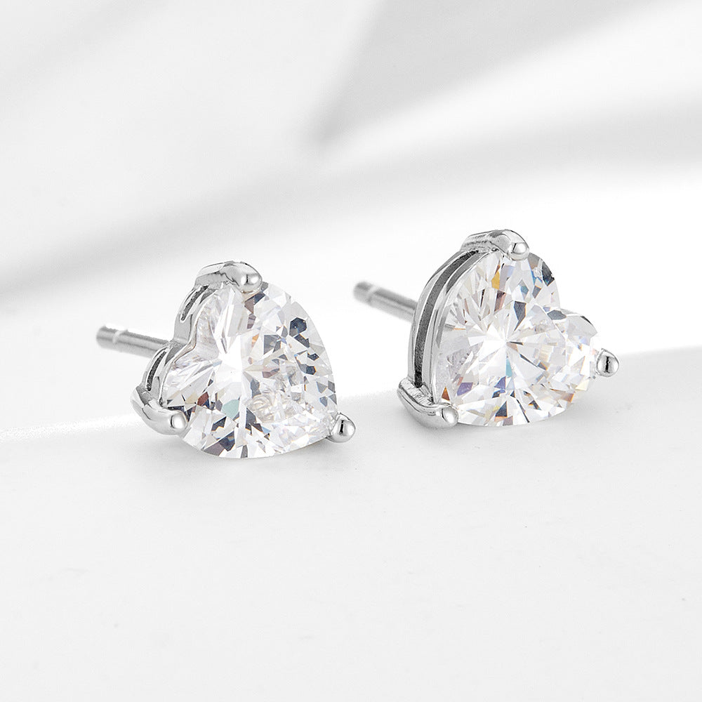 S925 Sterling Silver Love Zircon Stud Earrings Women's Fashion