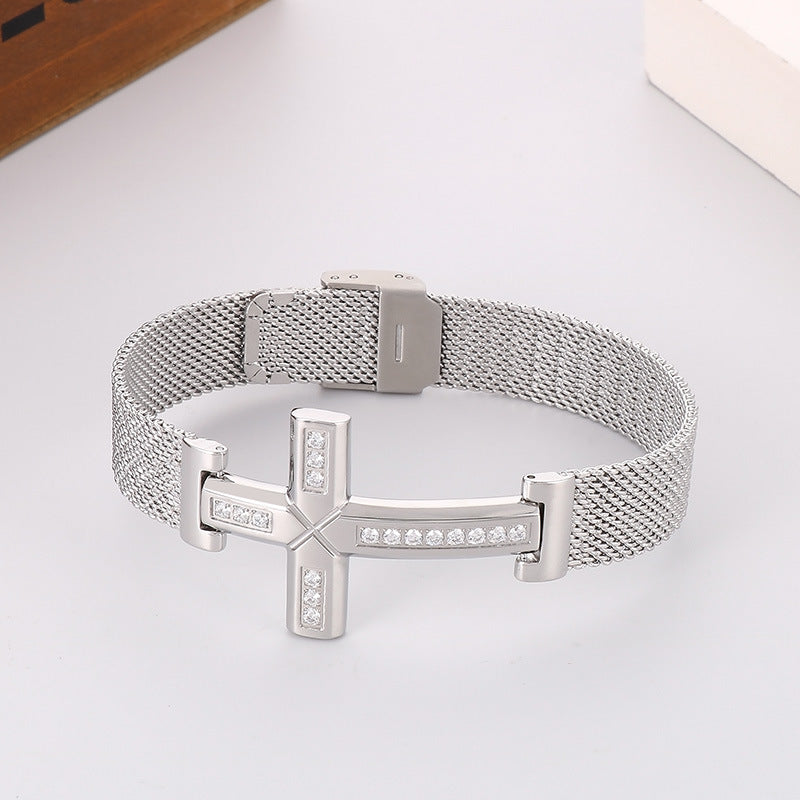 Planderful Men Titanium Steel Bracelet Zircon Cross Hip Hop