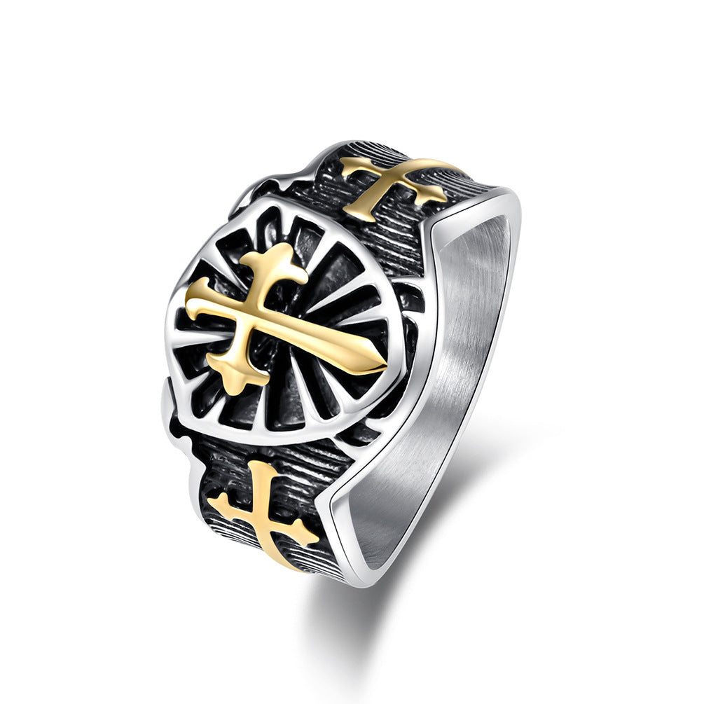 Steel Ring – Vintage Crusader Shield Cross Mens Everyday Niche Ring Stainless Steel Planderful