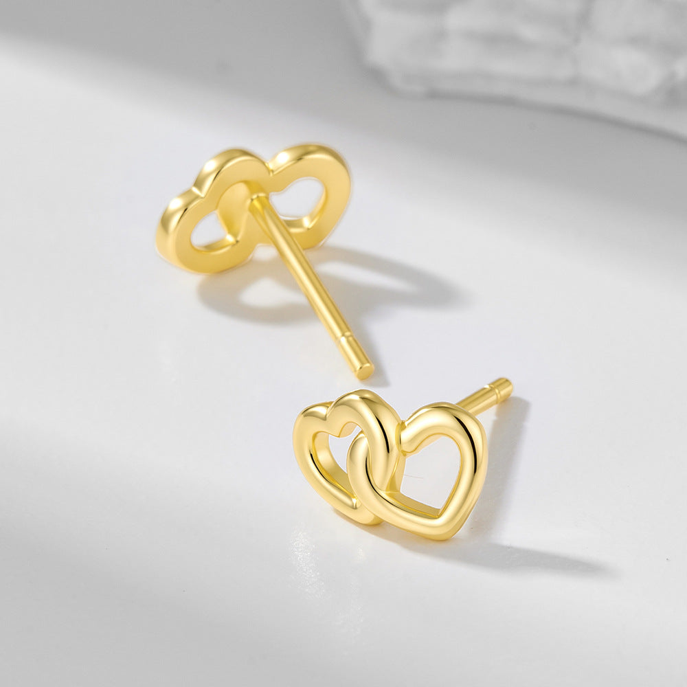 S925 Sterling Silver Small Fresh Love Design Stud Earrings Exquisite Heart-To-Heart Print Sweet