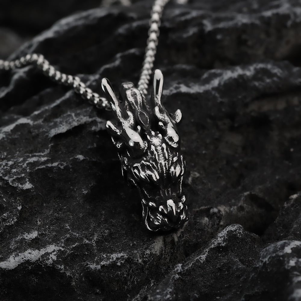 European And American Retro Stainless Steel Dragon Head Pendant Necklace For Men