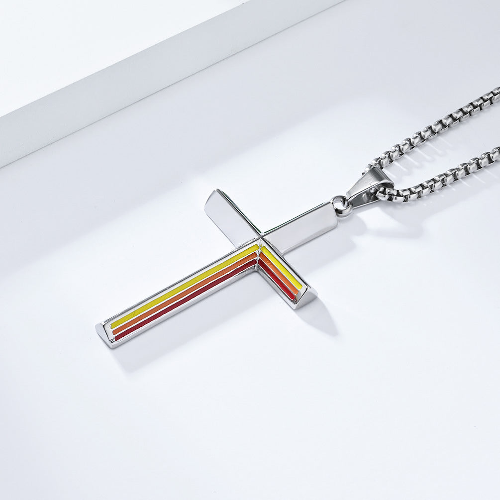 Cross-Border Temu Rainbow Flag Stainless Steel Cross Necklace for Men