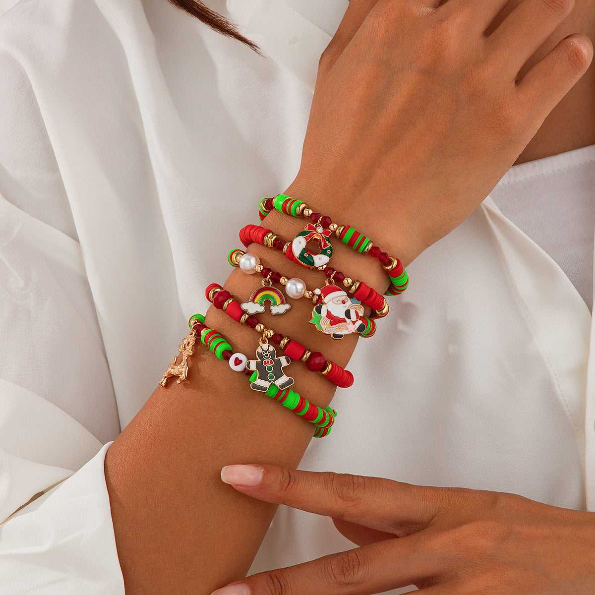 Planderful Vienna Verve Christmas Elk Pottery Bracelet For Holiday Gifts Elastic Letter Jewelry Set