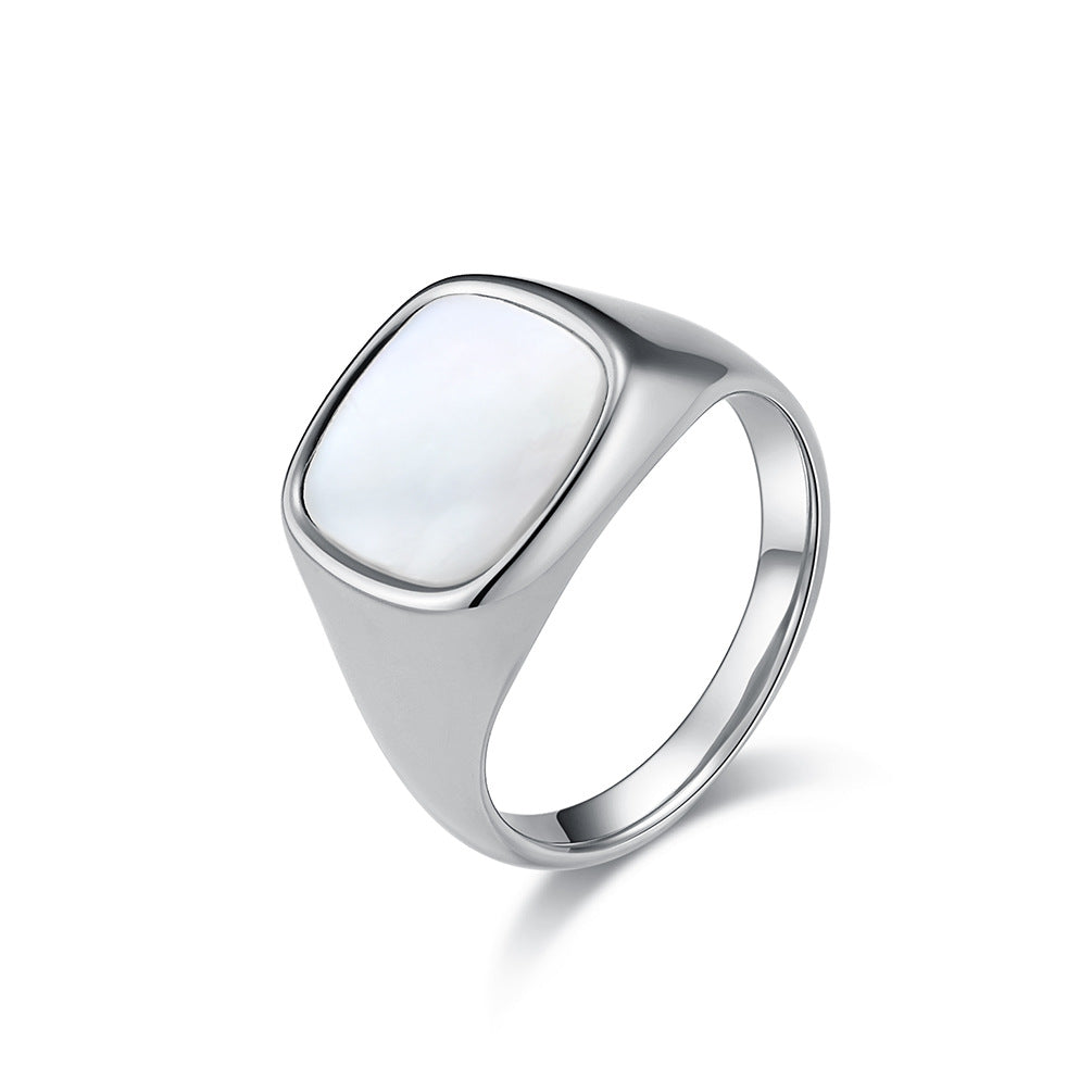 Planderful Titanium Steel Ring Unisex Square Seal With Shell Inlay Light Luxury Fashion Jewelry