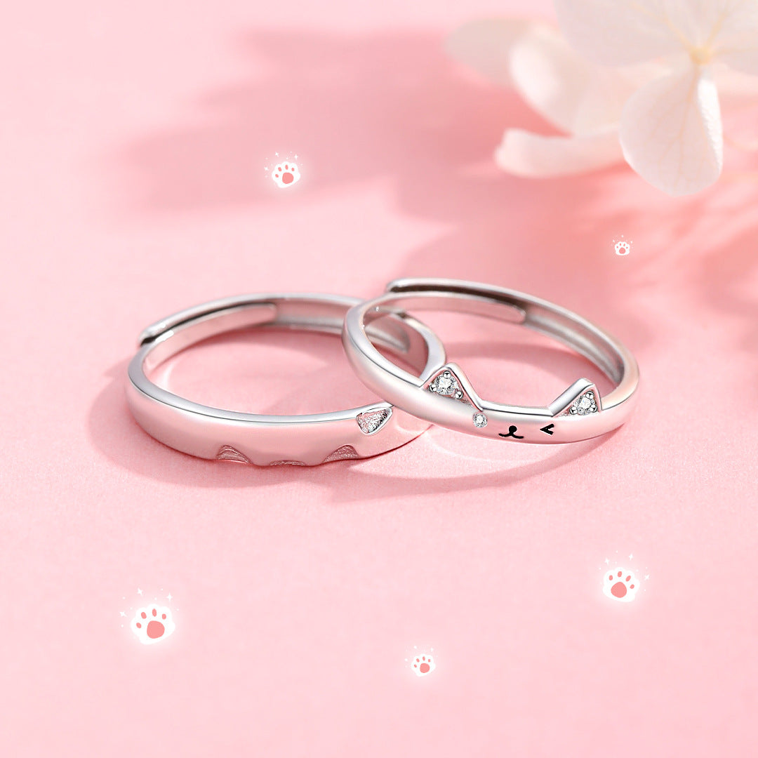 Planderful 925 Sterling Silver Couple Ring Meow Meow Cute Fun Niche Style Adjustable Open Ring For Couples