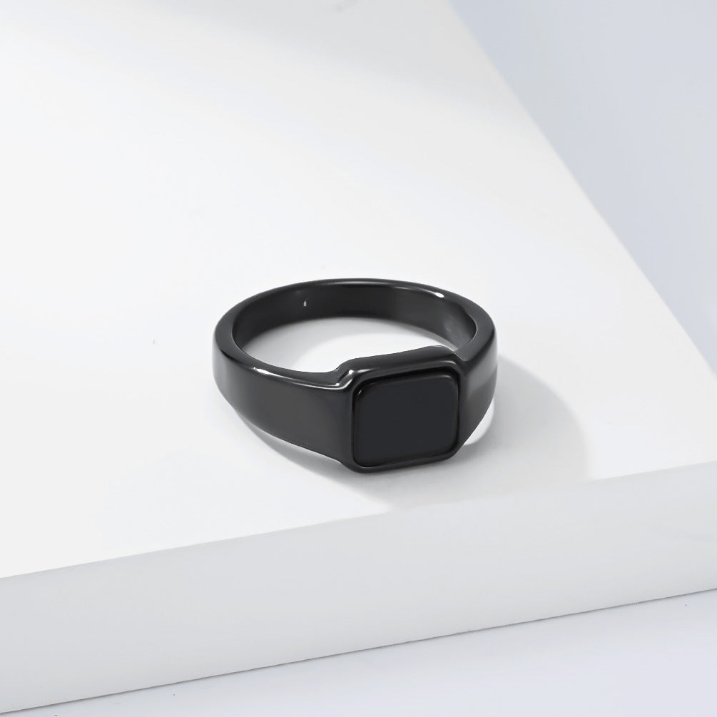 Black Gemstone Geometric Stainless Steel Ring