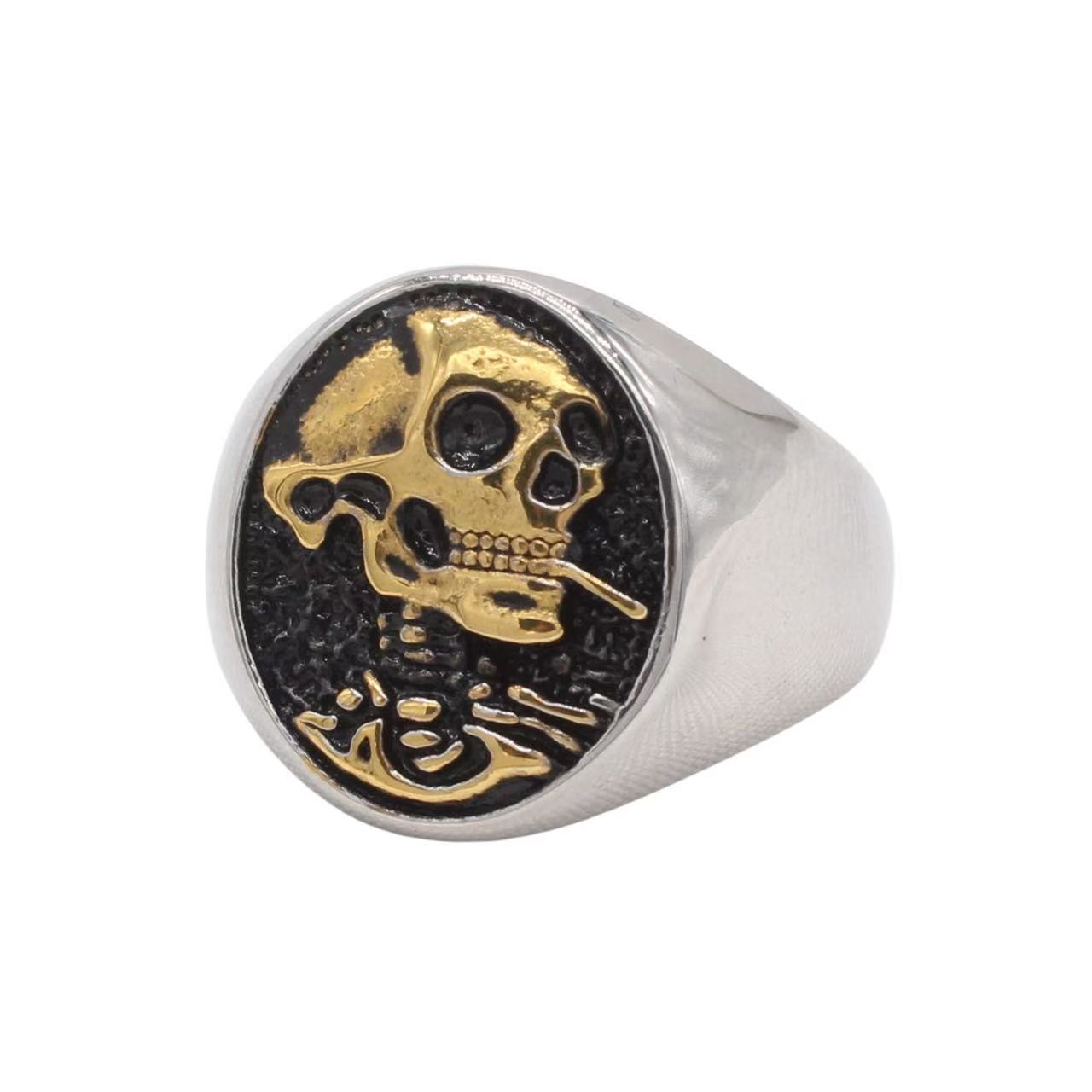 Planderful Jewelry Men's Vintage Smoking Skull Ring in Titanium Steel With Bold Craft
