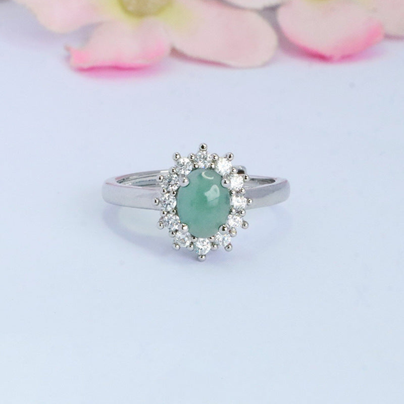 Blue Water Jadeite Princess-Style Ring