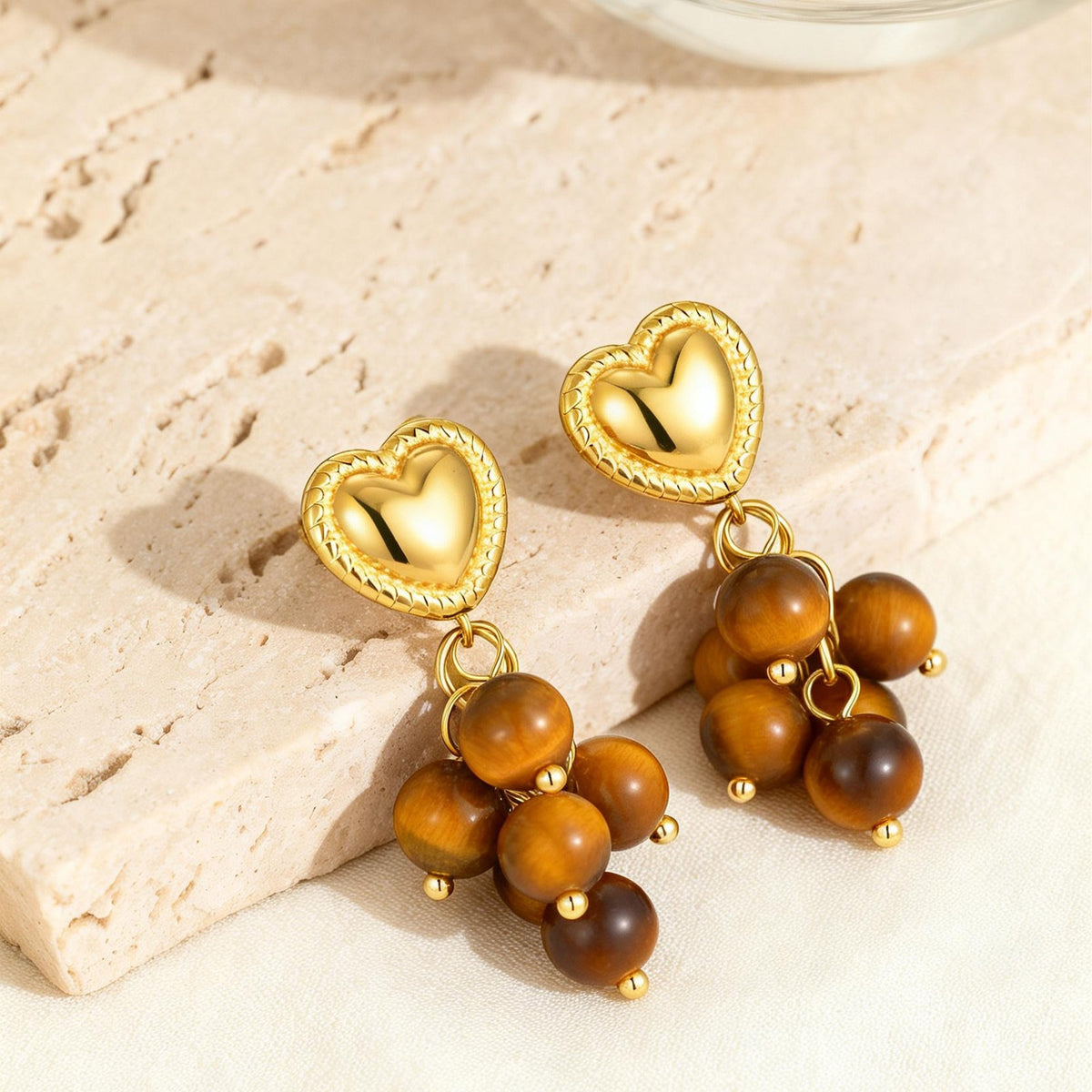 Stainless Steel Tiger's Eye Heart Earrings