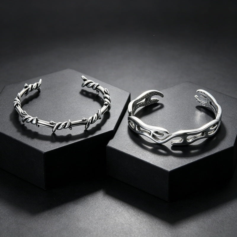 Punk Twist Twist Rope Open Bracelet Antique Stainless Steel Men's Thorn C-Shaped Bracelet
