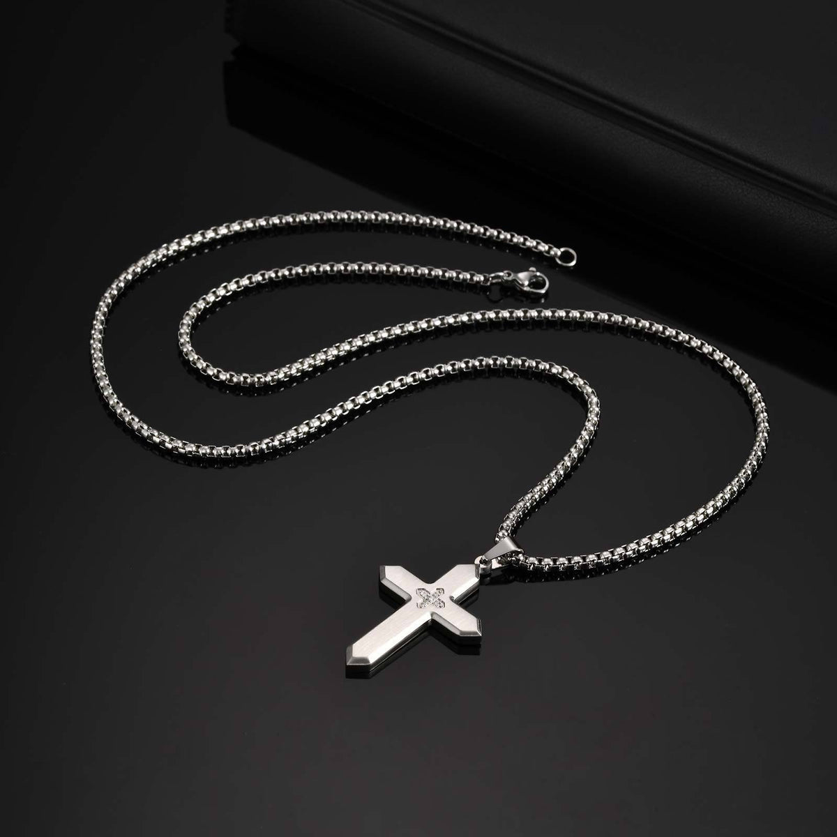 Unisex Classic Stainless Steel Inlaid Zircon Sand Surface Cross Pendant Square Pearl