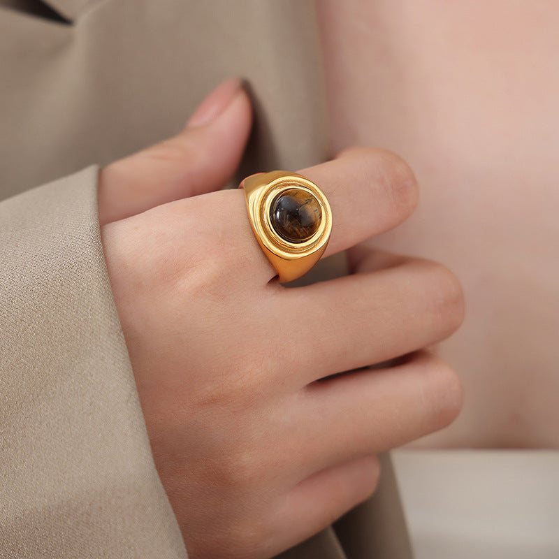 Luxury Tiger's Eye and Blue Turquoise Titanium Steel Couple Ring