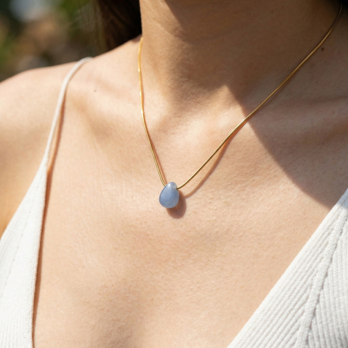 Stainless Steel Green Dongling Water Drop Round Snake Chain Necklace Collarbone Chain