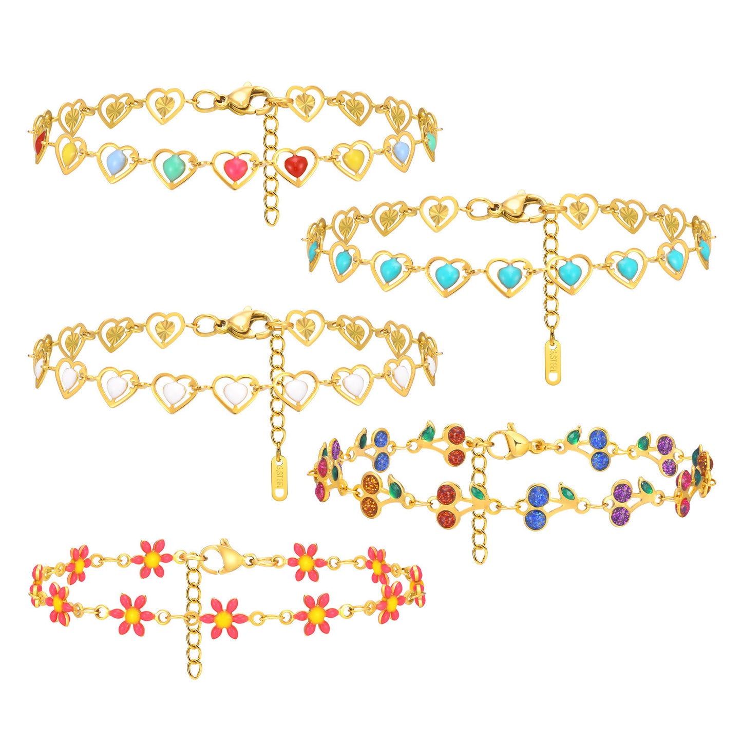 Ladies Color Epoxy Bracelet Stainless Steel Gold Cherry Flower Heart Element