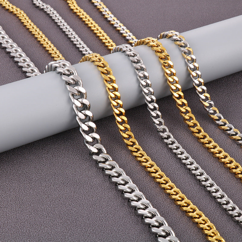 Stainless Steel Cuban Chain Bracelet, Rock Street Men's Vacuum Plated Four-Sided Grinding Square Necklace