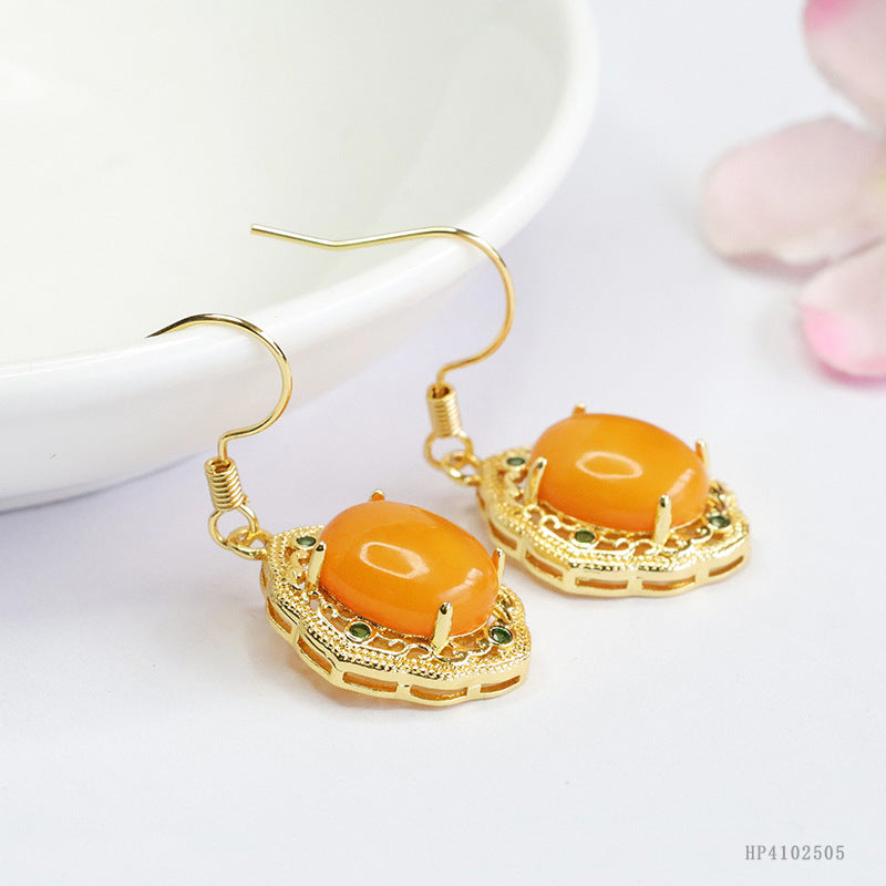 Vintage Beeswax Amber Claw-Set Drop Earrings