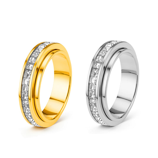 Planderful Rotatable Zircon Square Ring For Unisex Couples, Stainless Steel Modern Jewelry By Everyday Genie