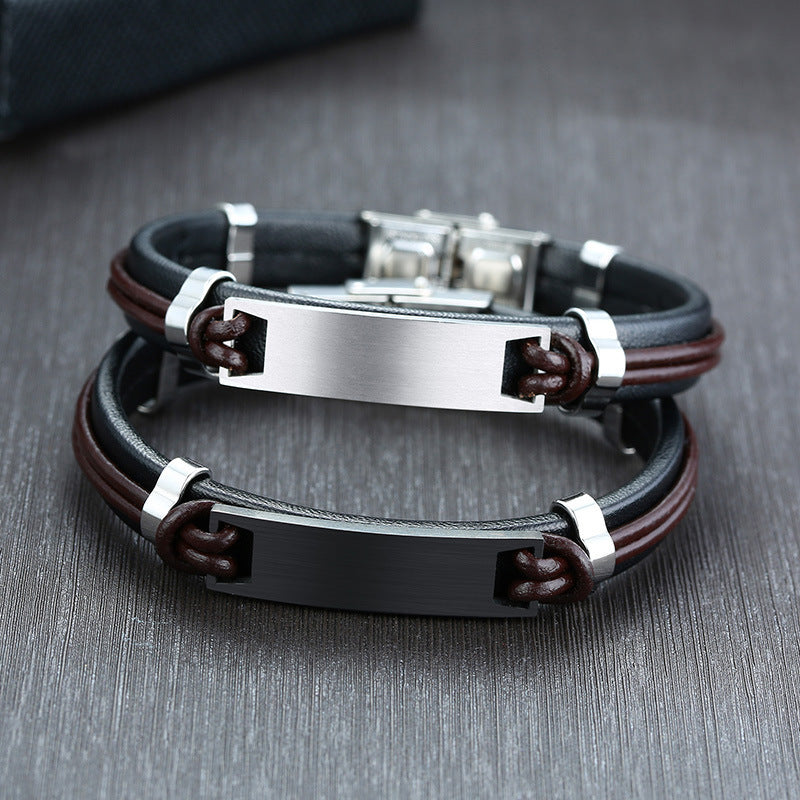 Stainless Steel Leather Bracelet for Men, Black European Style