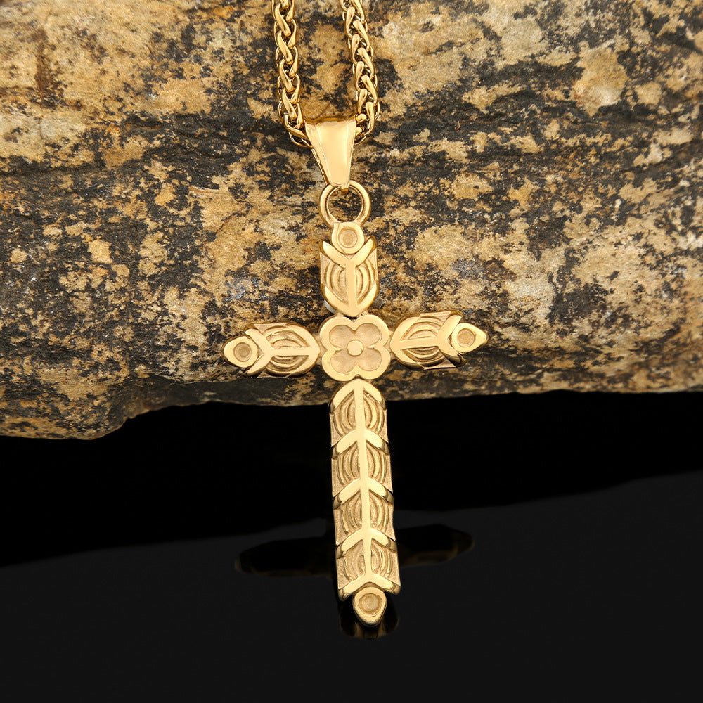 Stainless Steel Cross Flower Necklace for Men with Chain