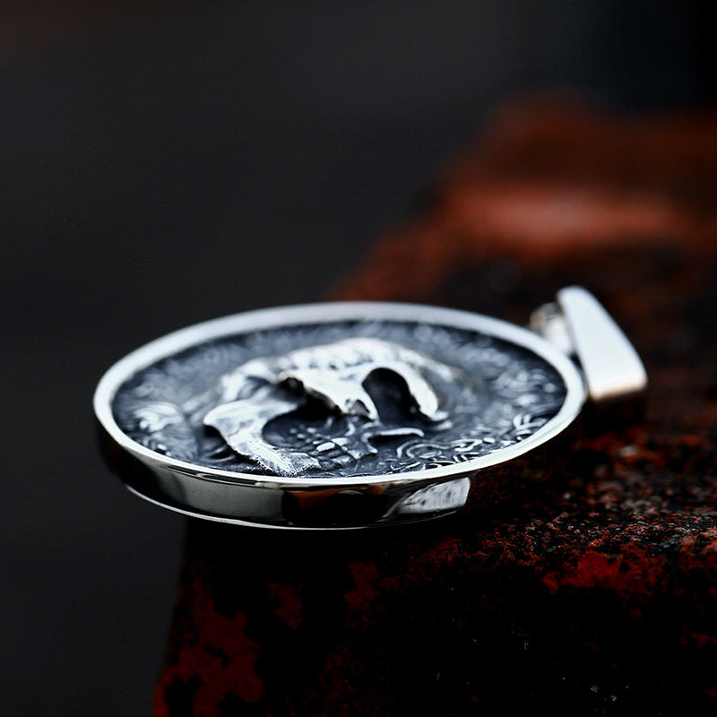 Stainless Steel Casting Engraved Skull Pendant – Hip-Hop Titanium Steel Round Plate Necklace