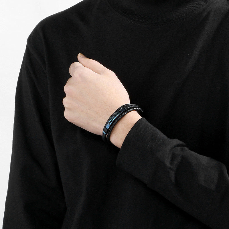 Multi-Layer Leather Rope Bracelet – Black Woven Leather Layered Stainless Steel