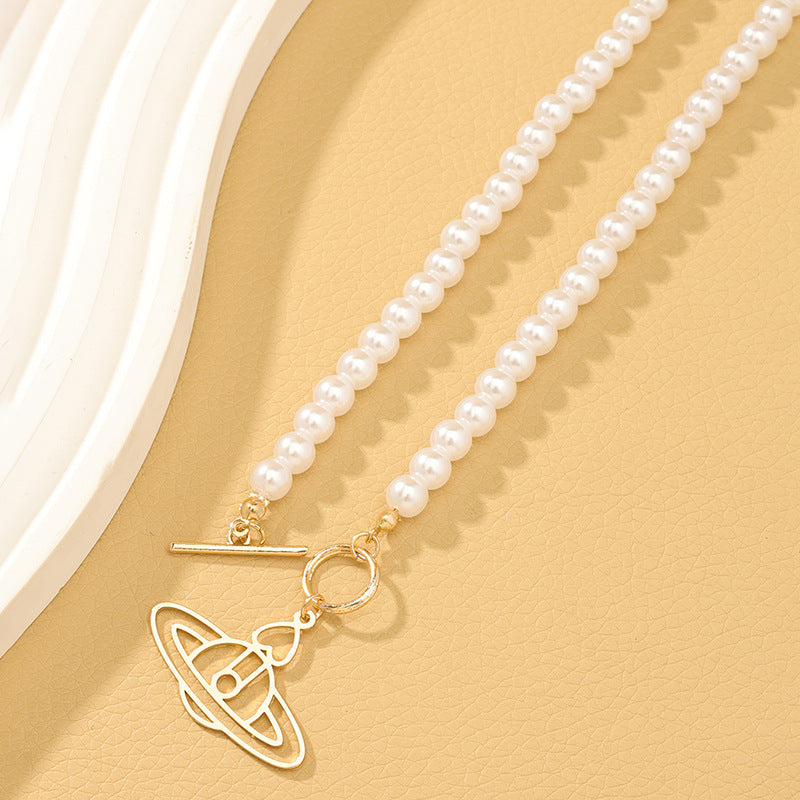 Metallic Planet Pendant and Pearl Bead Necklace - Vienna Verve Collection - Fashion Jewelry