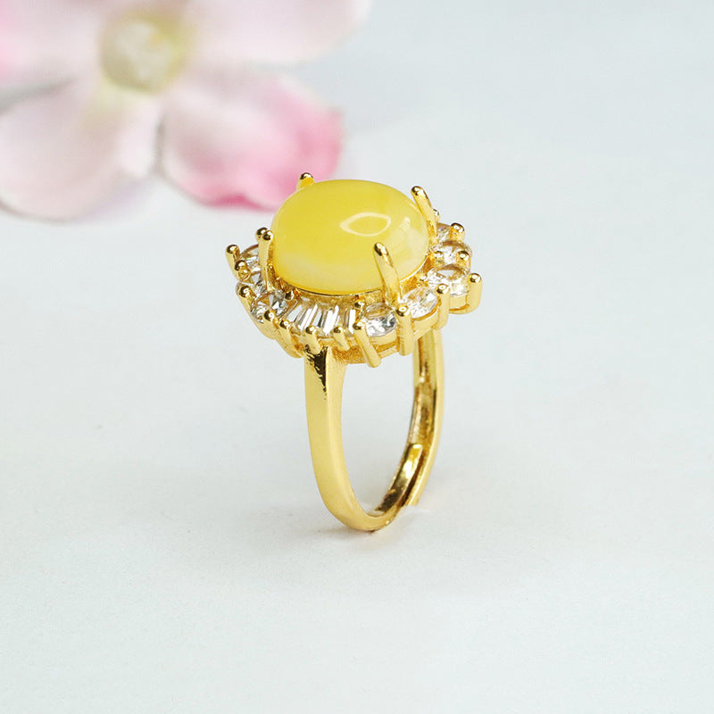 Yellow Amber Honey Wax Halo Ring with Zircon Luxury Accent