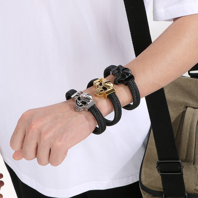 Planderful Wolf Head Leather Bracelet For Men Personalized