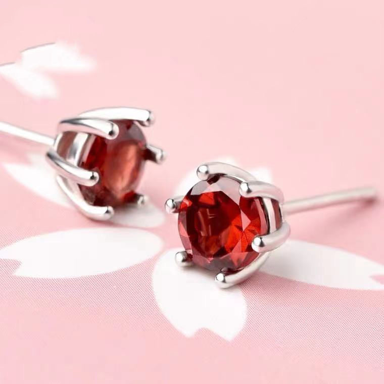 Garnet Six-Prong 925 Silver Stud Earrings