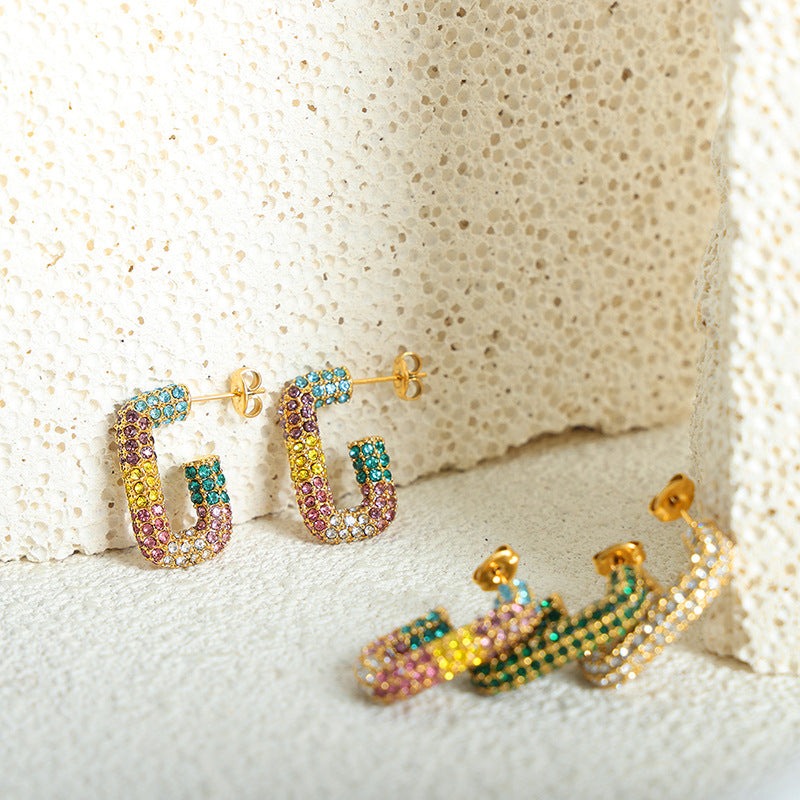 Vibrant Geometric G-Shaped Titanium Steel Earrings with Multi-Color Zircon Inlay