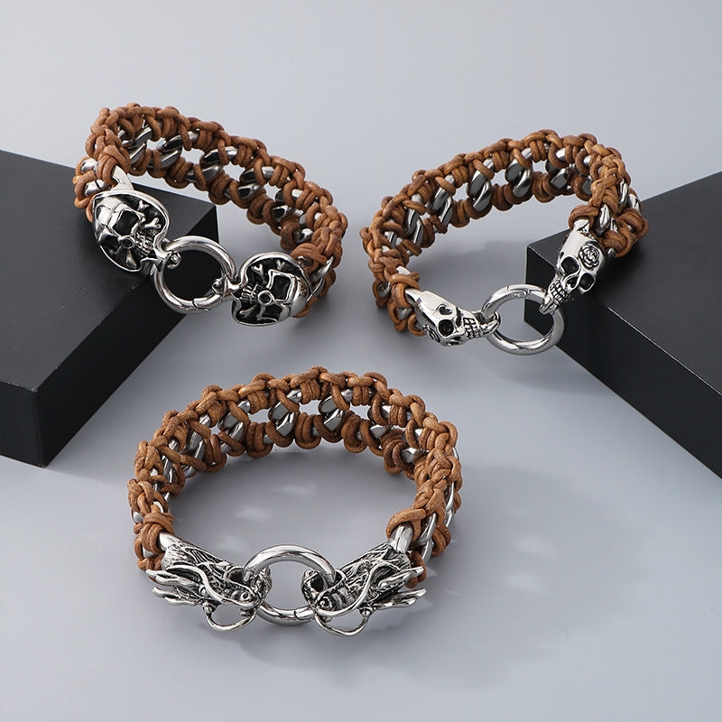 Planderful Mens Woven Leather Skull Bracelet Dragon Head