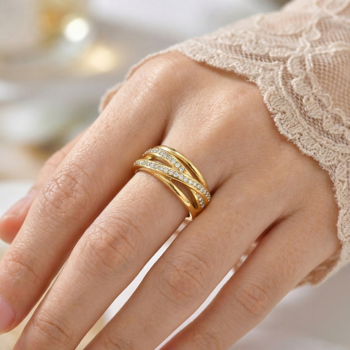 Staggered Birdcage Ring Women's Index Finger Stainless Steel Zircon