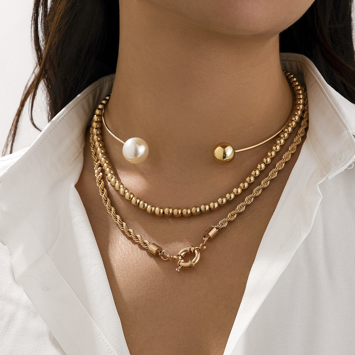 Asymmetrical Pearl Ring Collar Necklace