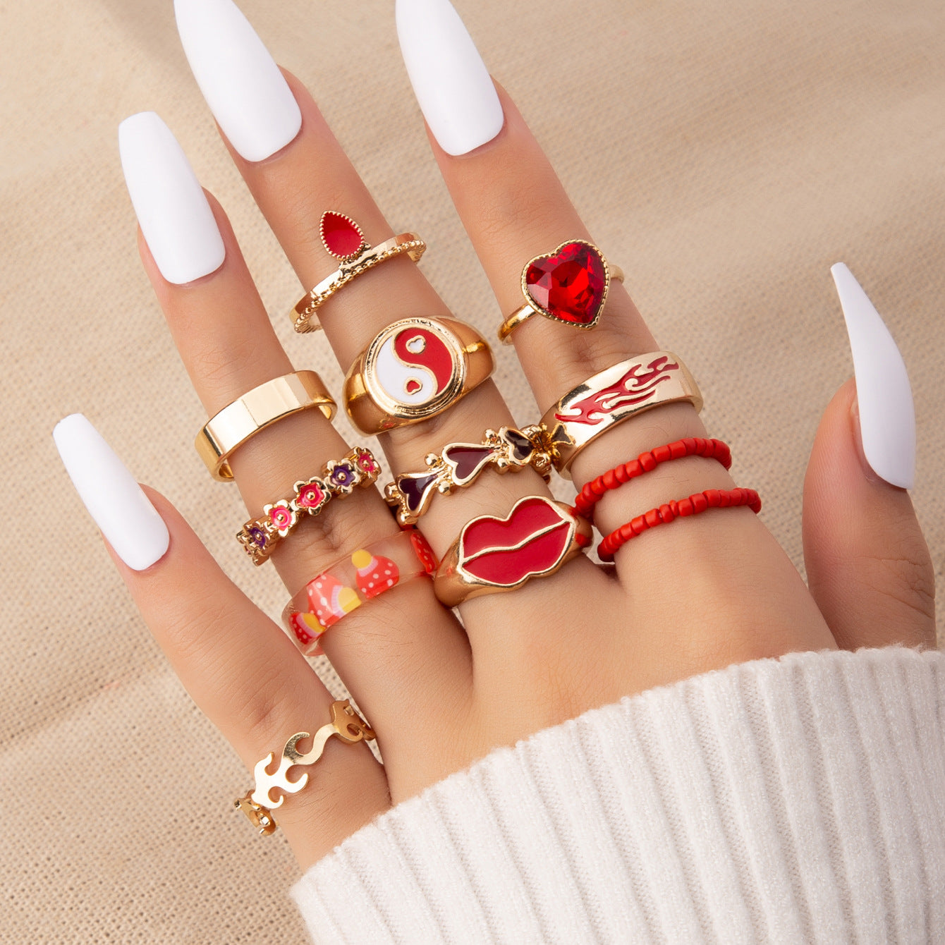 European and American Fusion Jewelry Set with 12 Love Glaze Rings - Cross-Border Charm