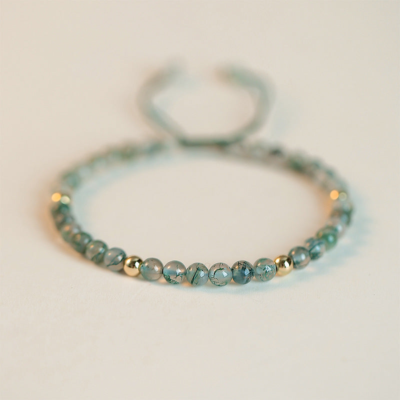 Lucky Agate Bracelet with Hand-Woven Green Aquatic Plant Crystal Beads for Women