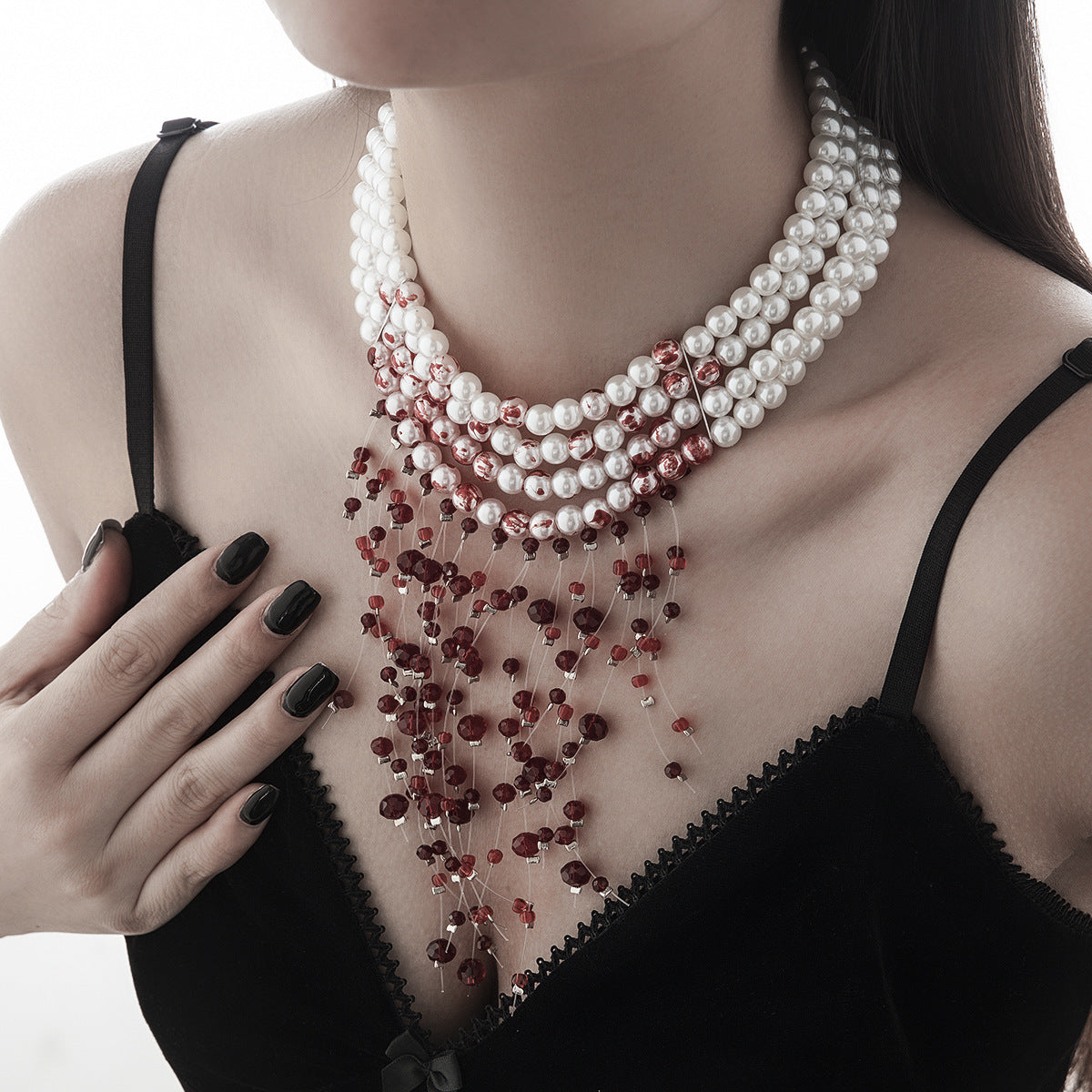 Gothic Pearl Crystal Blood-Drip Choker