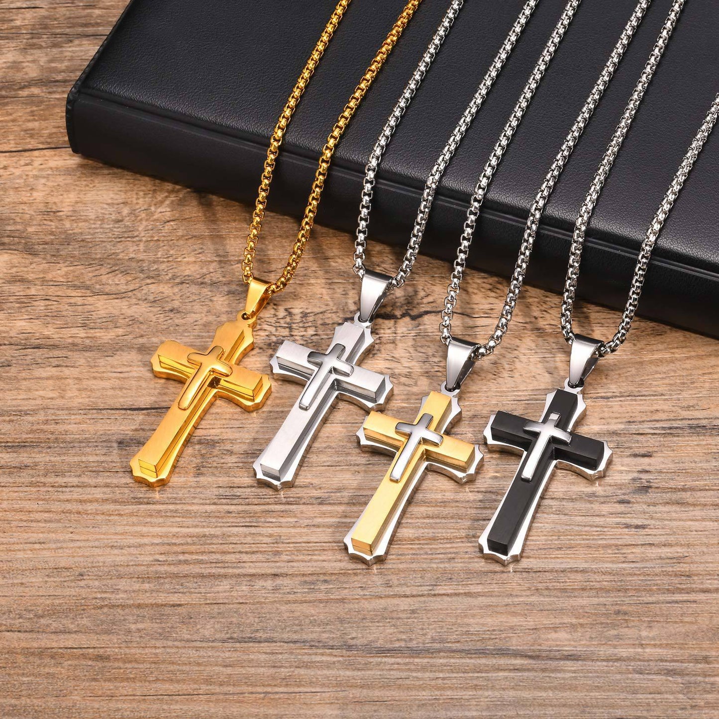 Jewelry European And American Accessories Stainless Steel Three Layer Cross Pendant Necklace For Men