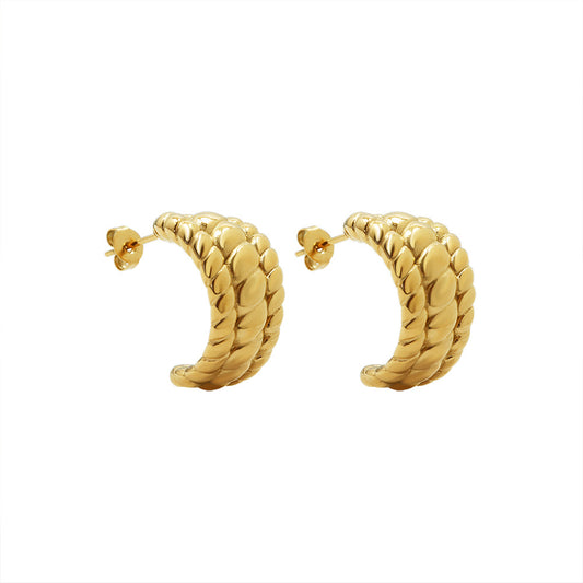 Elegant Three-Layer French Croissant Earrings in Titanium Steel and 18K Gold