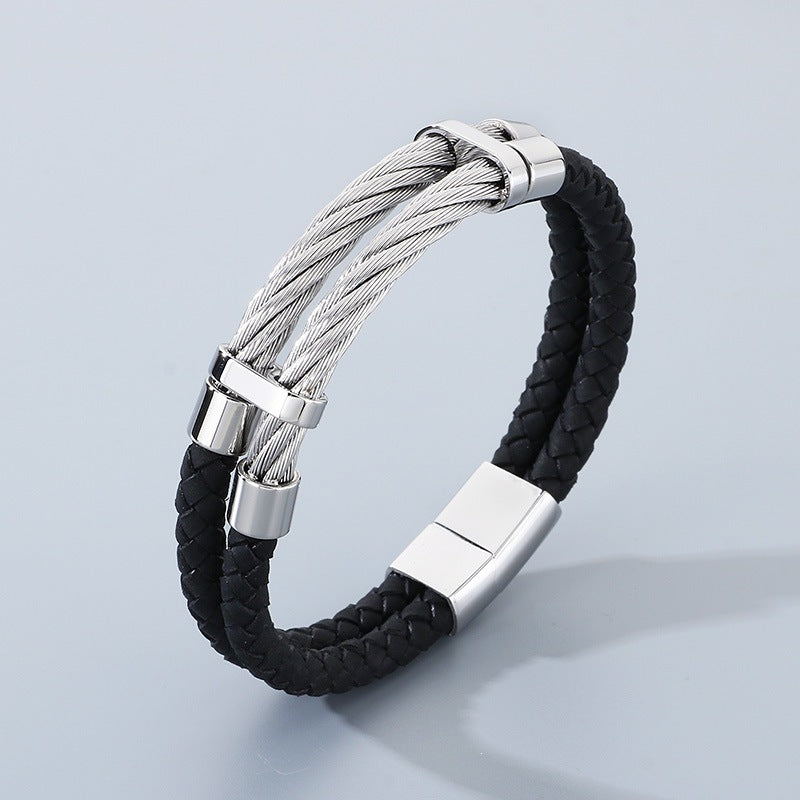 Business Style Black Double Leather Rope Leather Bracelet Layered Stainless Steel