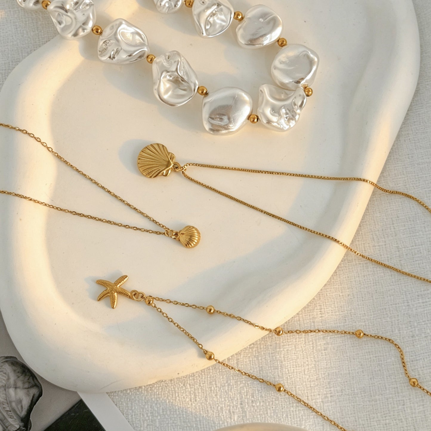 Ocean Special-Shaped Pearl Shell Beaded Necklace Starfish Stacked With Stainless Steel Thin