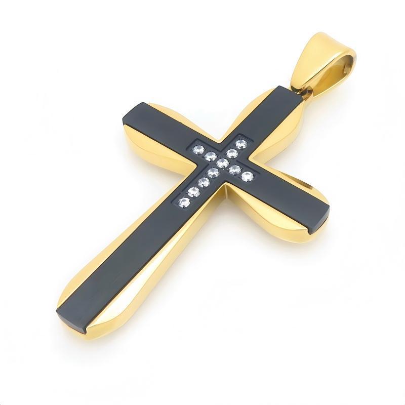 Hip Hop Rock Double Contrast Color Zircon Cross Titanium Steel Pendant Back Stainless Necklace