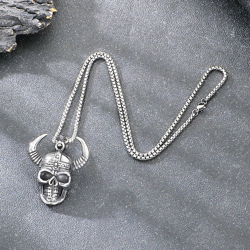 Enjoy The Punk Style Bull Head Pendant, Nordic Viking War Helmet Horn Skull Necklace