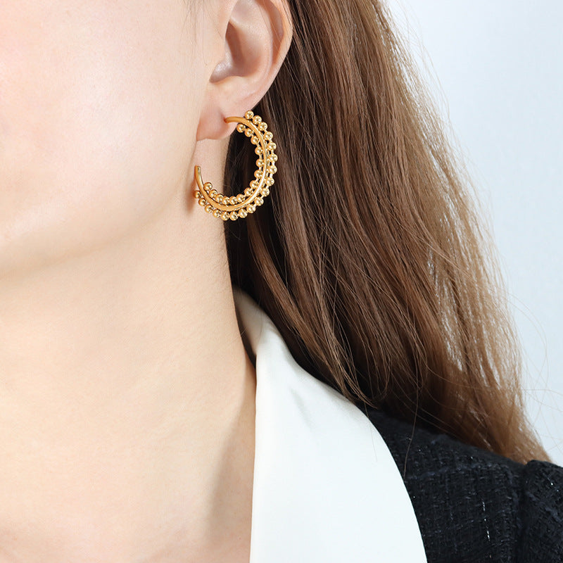 Exaggerated Double Layer Steel Ball Large Circular Earrings - Gold-Plated Titanium Jewelry