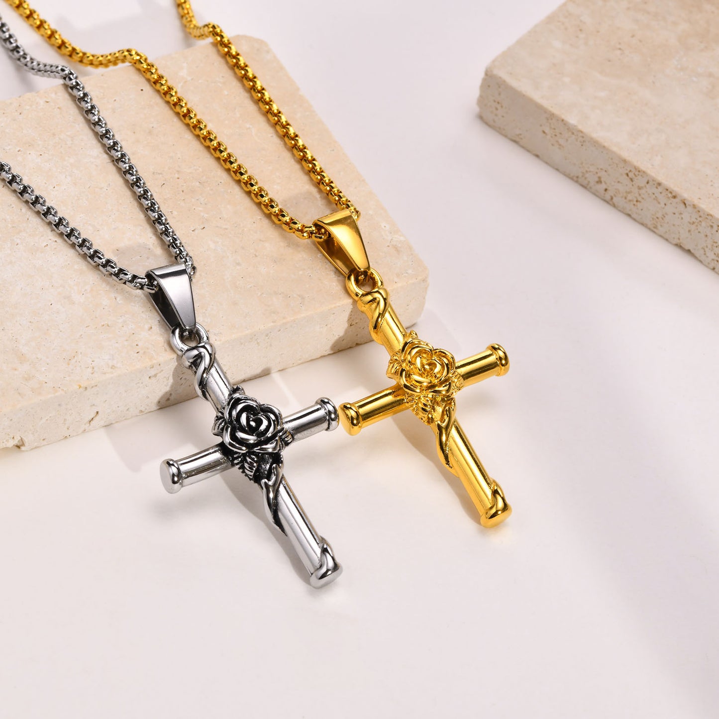 Titanium Steel Necklace Stainless Steel Rose Cross Pendant