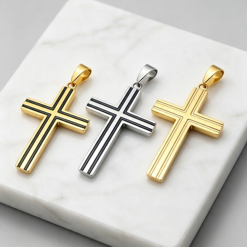 Versatile Double-Line Groove Dripping Oil Contrasting Cross Pendant, Stainless Steel Men's Pendant On Necklace